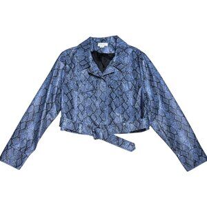 NOIZE Faux Vegan LEATHER Blue Snake Skin Cropped Bomber Glam Jacket Womens 2XL